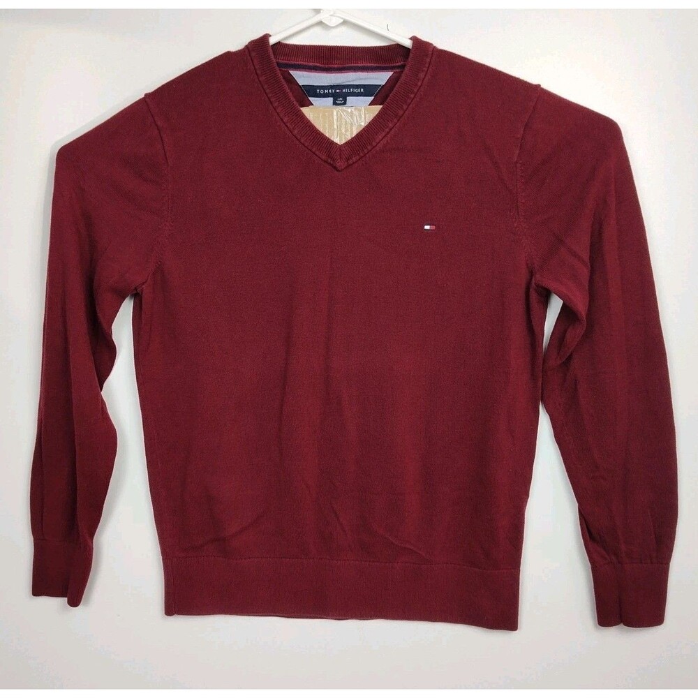 Tommy Hilfiger V-Neck‎ Sweater Men's L Burgundy 100% Pima Cotton Pullover
